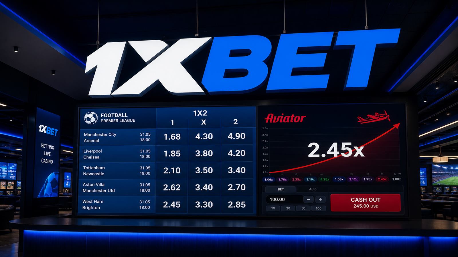 1xBet terminal with odds, slots and official 1xBet mark